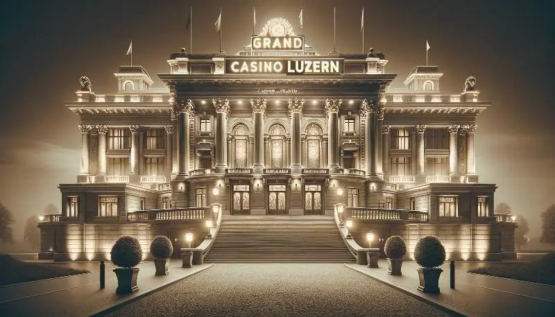 Auf dem Bild ist ein prächtiges, neoklassizistisches Casino-Gebäude bei Nacht zu sehen, mit einem Sepia-Tonfilter. Eine große Treppe führt zu einem zentralen Eingang, der von Säulen flankiert wird. Über dem Eingang befindet sich ein Schild mit der Aufschrift "CASINO LUZERN", und auf dem Dach des Gebäudes leuchtet ein weiteres Schild mit der Aufschrift "GRAND". Das Casino ist gut beleuchtet, was die architektonischen Details und die Großartigkeit des Gebäudes hervorhebt. Das Bild vermittelt ein Gefühl von Luxus und Einladung, und ein paar dekorative Bäume umrahmen das Gebäude, was einen exklusiven und altmodischen Charme verleiht.